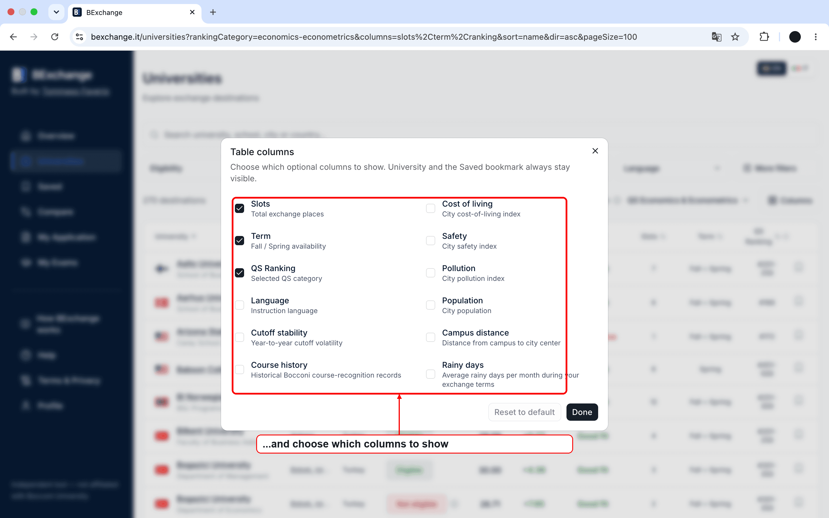 Column-selection dialog for choosing the information shown in Universities