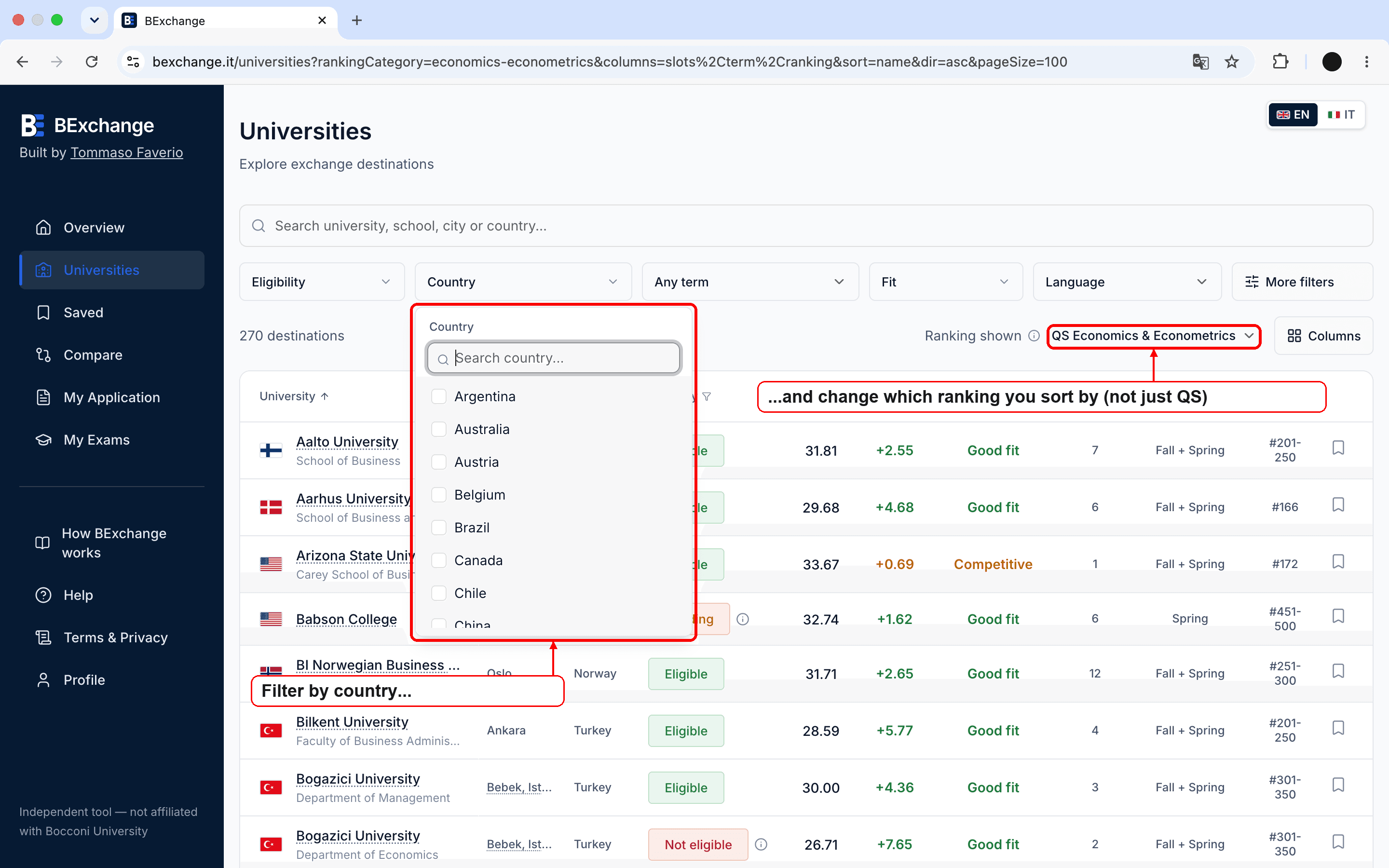 Universities filters for narrowing destinations by country and other criteria