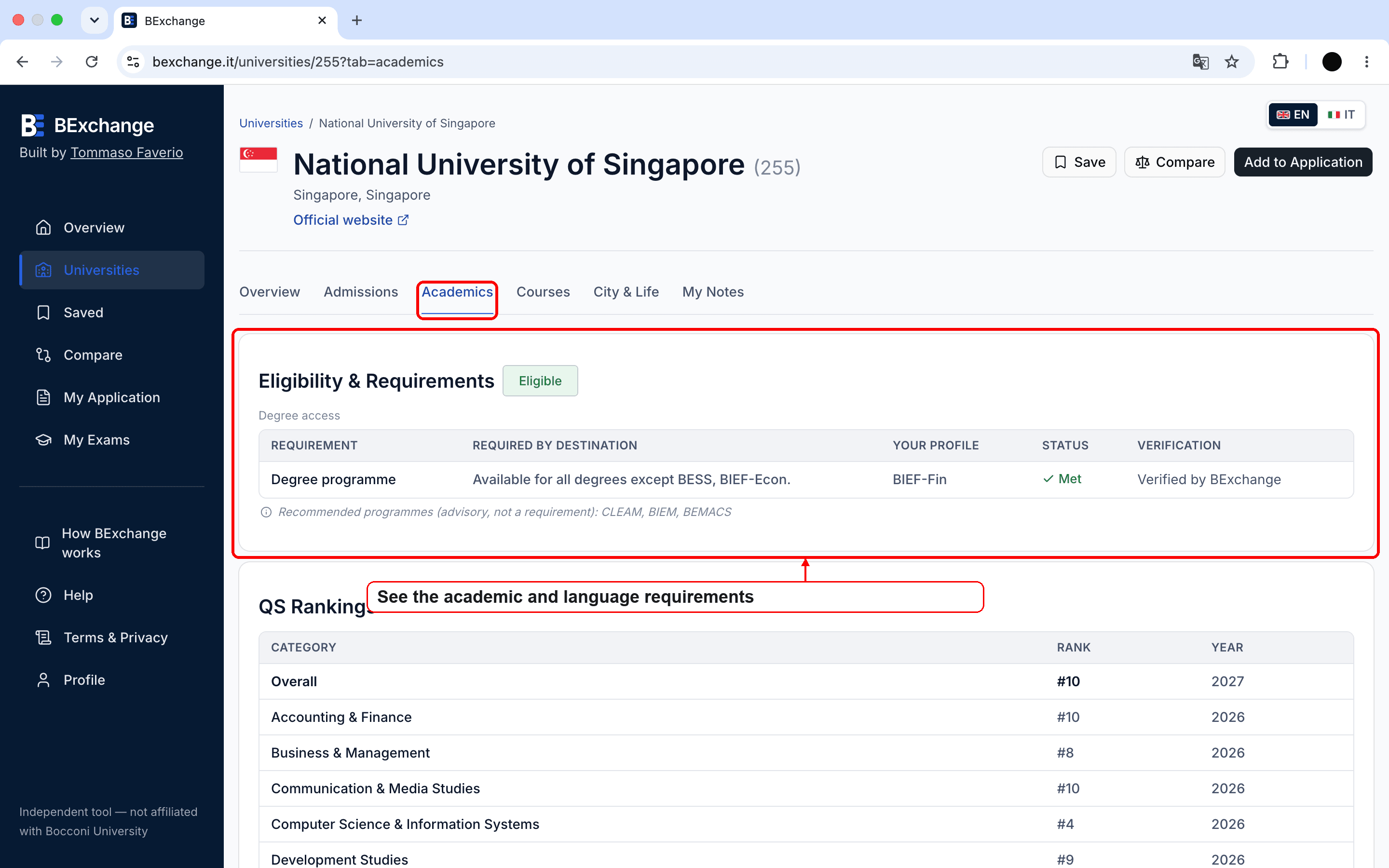 Academics section in a university profile
