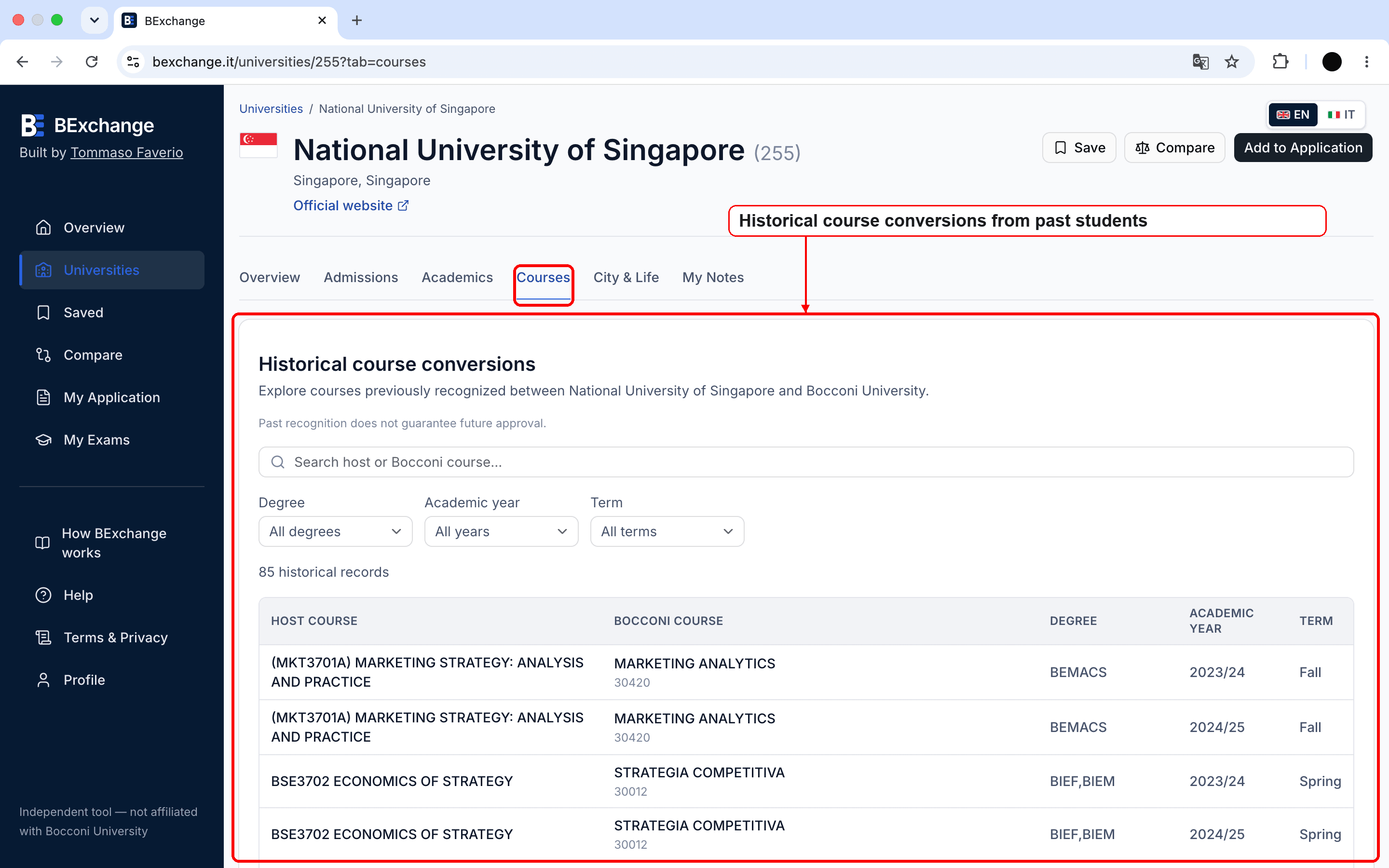 Courses section in a university profile
