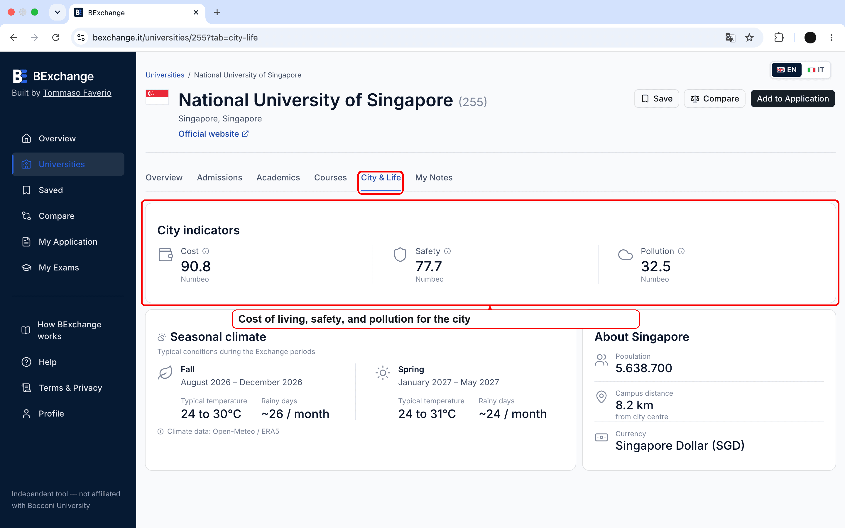City and Life section in a university profile