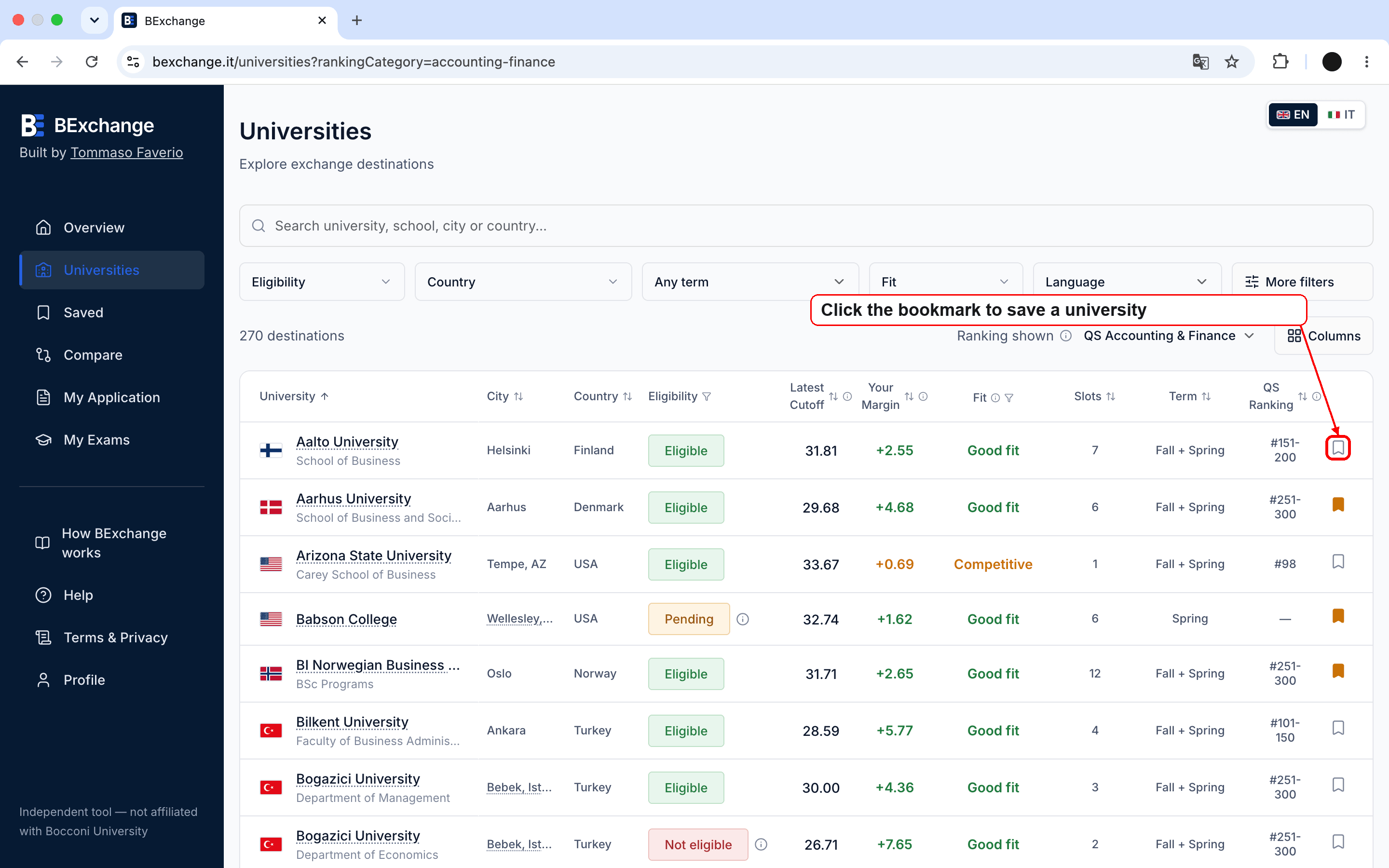Bookmark control for saving a university from the Universities list