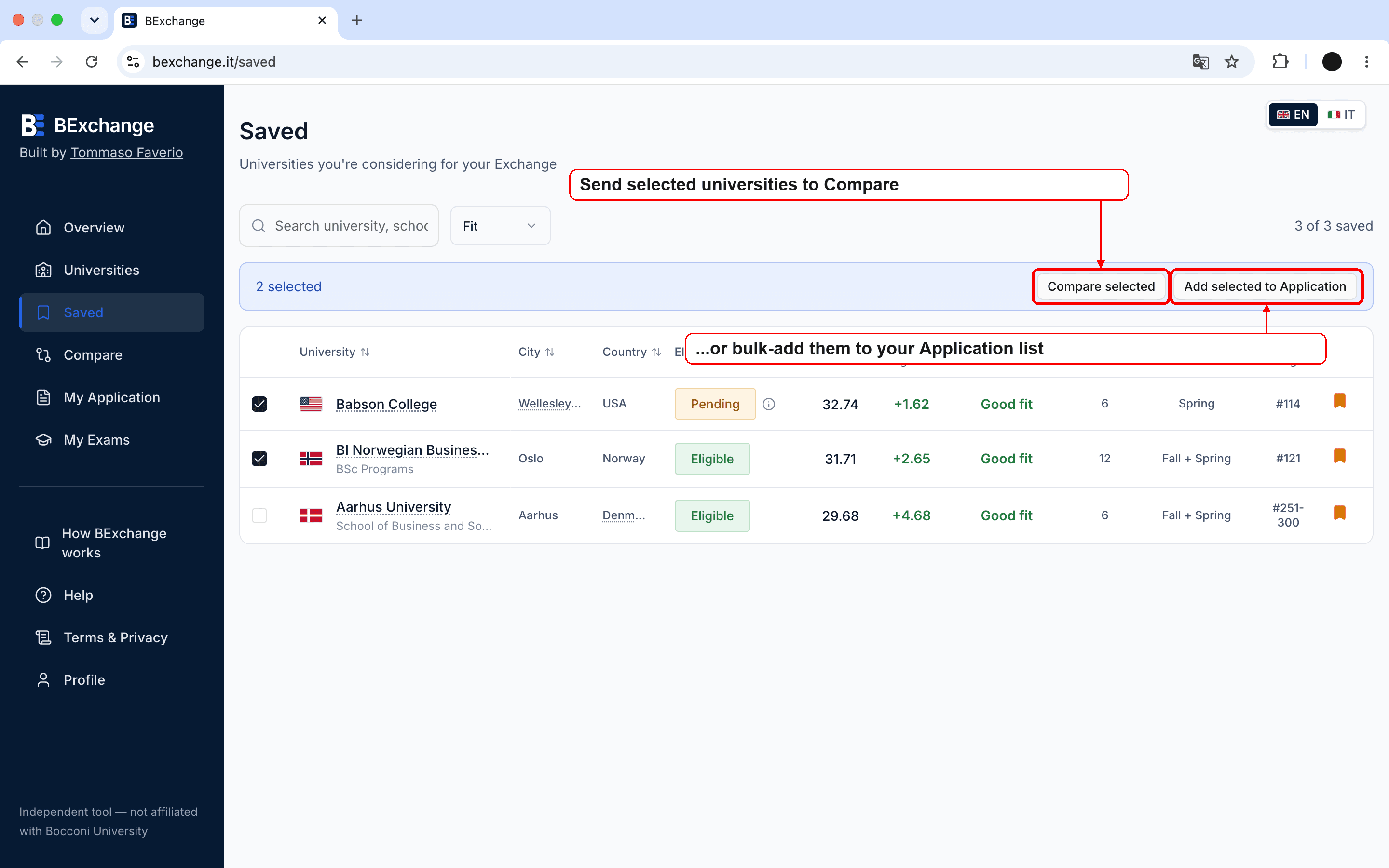 Saved page actions for adding selected universities to Compare or My Application